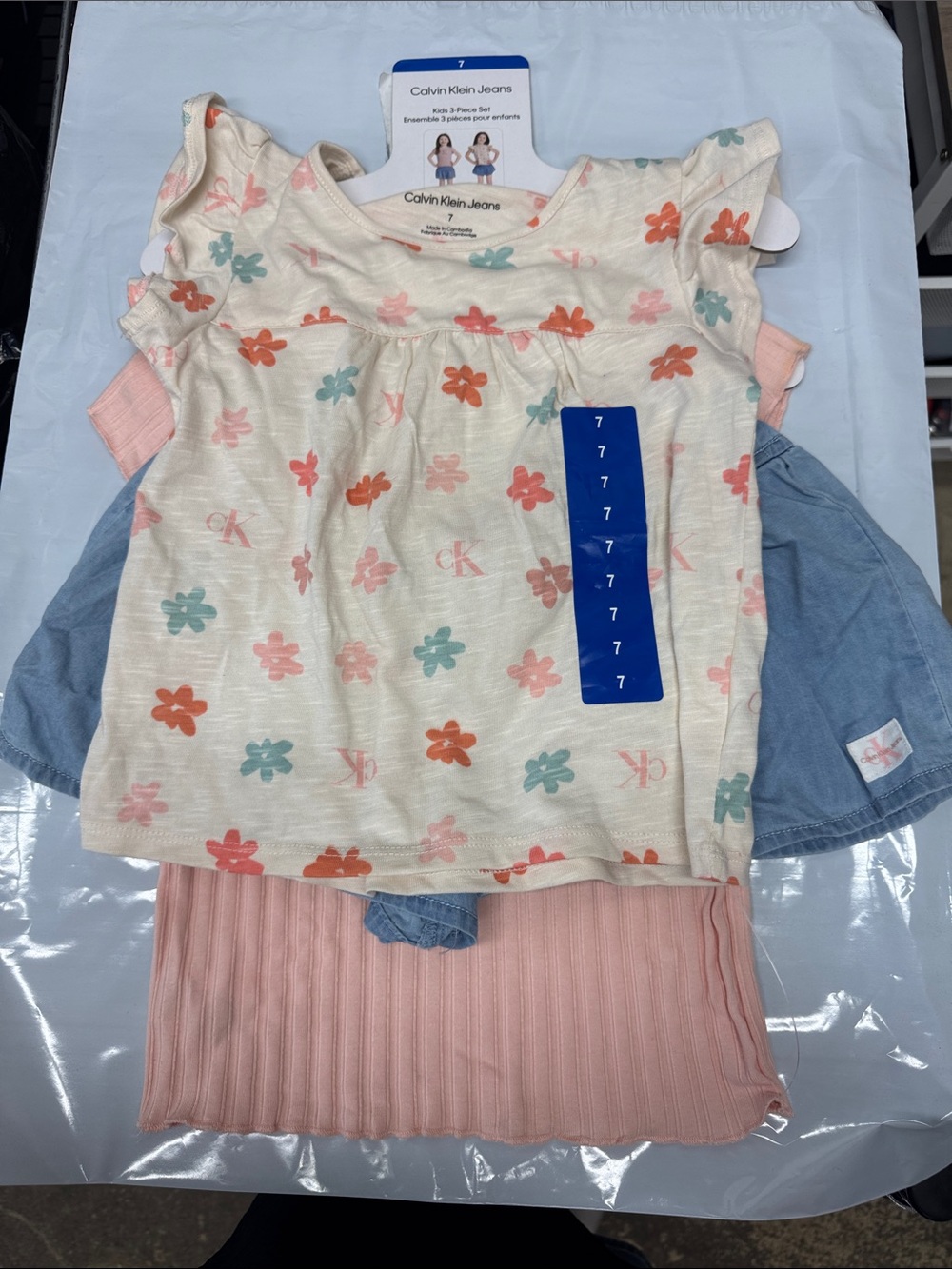 Calvin Klein Jeans Cream Tee with Pink, Coral & Teal Floral Print